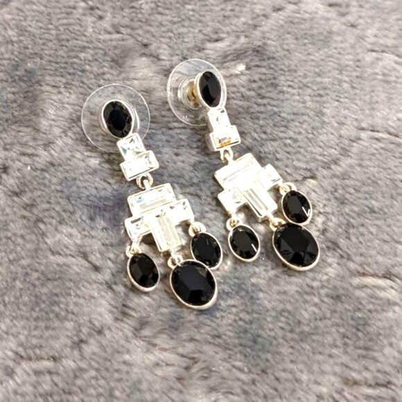 Vintage Black & Clear Rhinestone Pierced Dangle Earrings - Picture 1 of 10